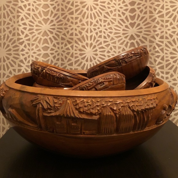 RARE Vintage Large Wooden Carved Salad Bowl Set - Picture 8 of 16